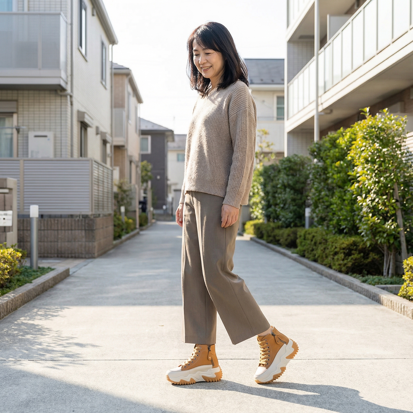 AUREMI™ 牛革プラットフォームスニーカー（サイドジッパー付き）