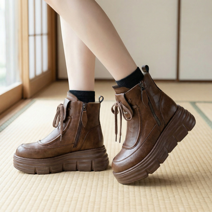 AUREMI™ 本革ショートブーツ（裏起毛・厚底)
