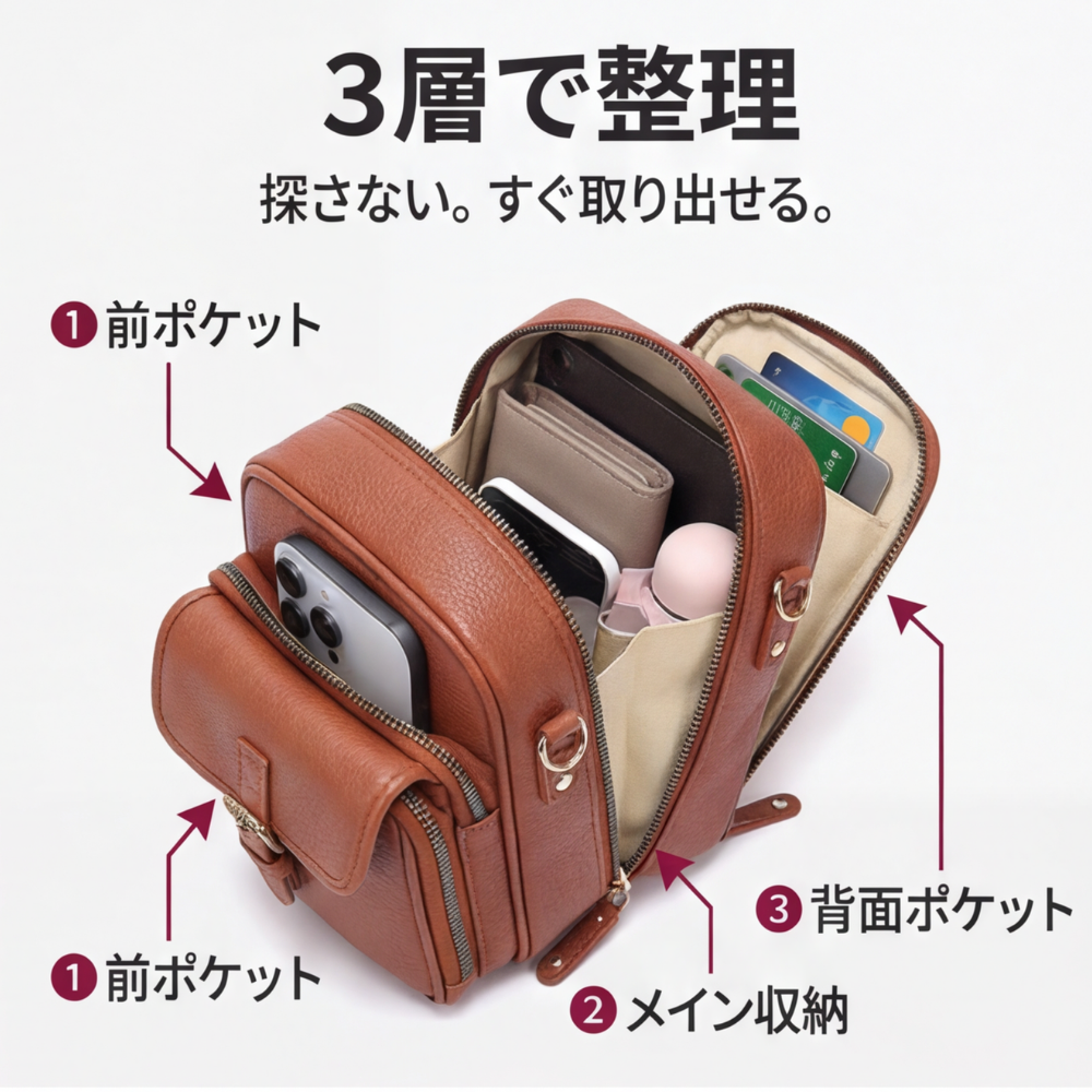 AUREMI™ 3層収納ショルダーバッグ