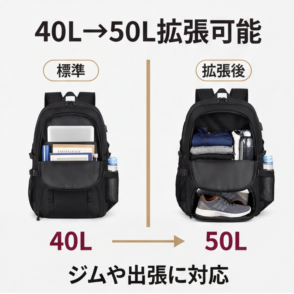 AUREMI™ 拡張可能大容量バックパック（シューズ収納付き）