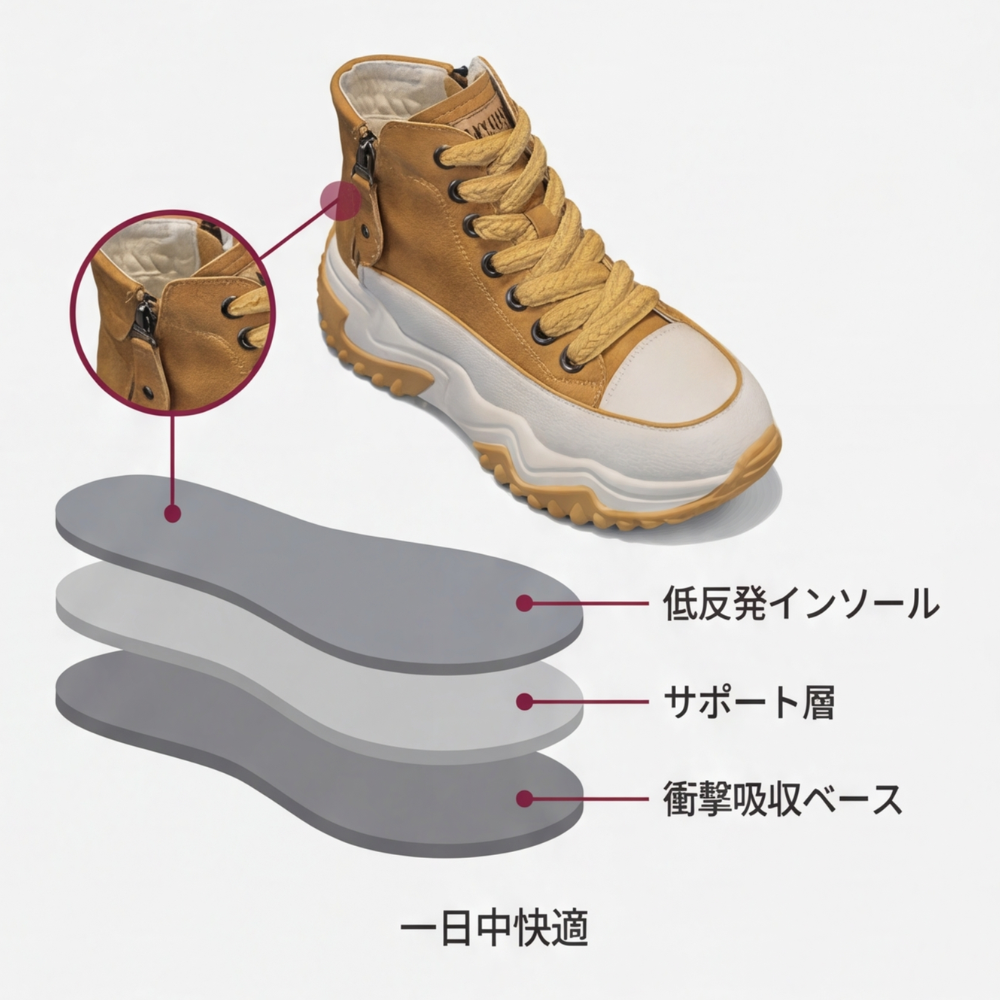 AUREMI™ 牛革プラットフォームスニーカー（サイドジッパー付き）
