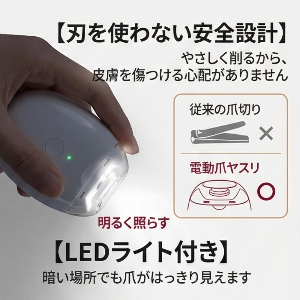 AUREMI™ 赤ちゃんにも安心な電動爪切り（LED付き）