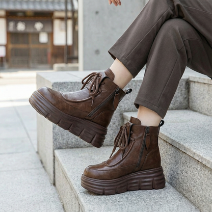 AUREMI™ 本革ショートブーツ（裏起毛・厚底)